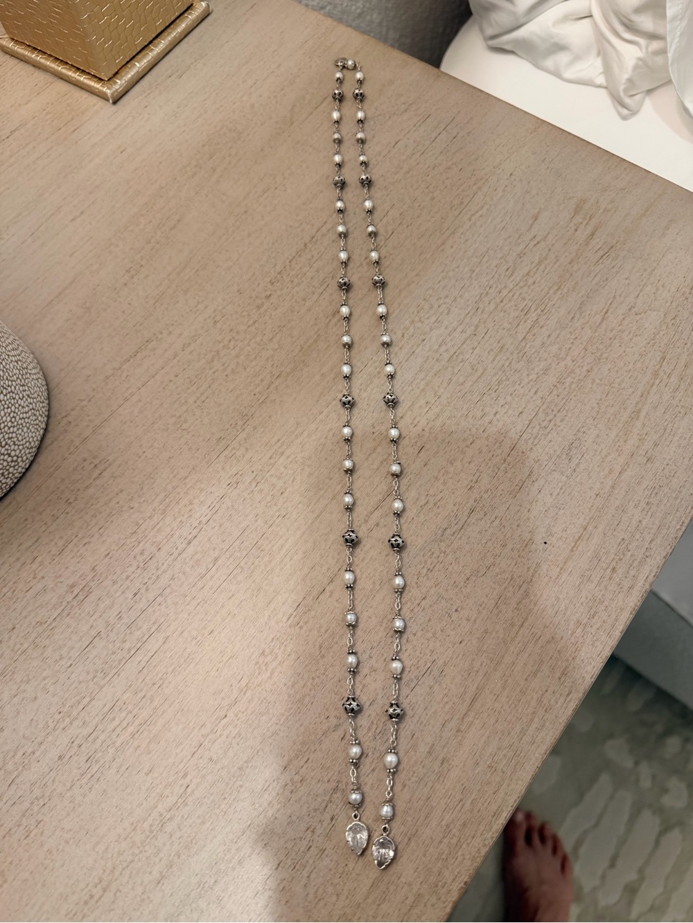 KumKum Sterling Silver Beaded Lariat Necklace with Pearl and Crystal Accents